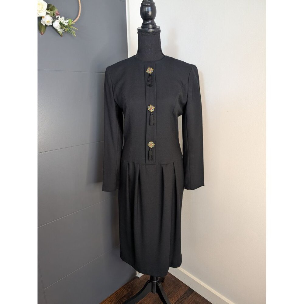 Vintage Maggy London Black Wool Dress W/ Embellished Appliques & Tassels - 4 - Picture 1 of 10